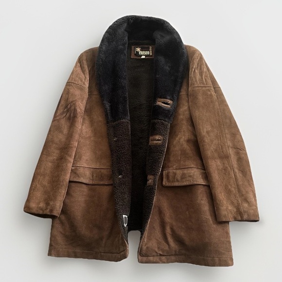 Vintage 70s Jacket Mens 38 Suede Leather Sherpa Lined Shawl Marlboro Coat - Picture 4 of 16